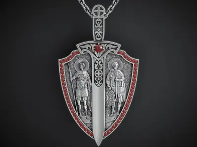 A PENDANT IN THE SHAPE OF A SHIELD WITH IMAGES OF SAINTS 3D print model