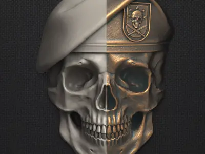 Human Skull Military Beret relief sculpture 3D print model
