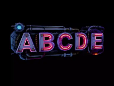 Cyberpunk Neon Font ABCDE words Low-poly 3D model