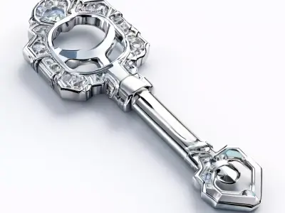 Ornate Silver Key with Diamonds Low-poly 3D model