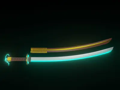 3d katana model with blue trim for game assets Low-poly 3D model