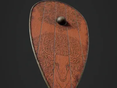 Slavic kite wooden shield-painted orange with deer symbol Low-poly 3D model