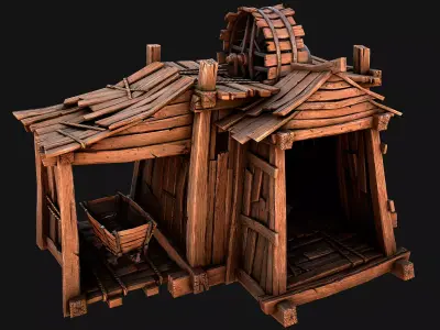 Medieval Mine Steampunk and Mining Cart Low-poly 3D model