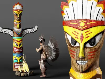  Native American Indian and Totem with Campfire 