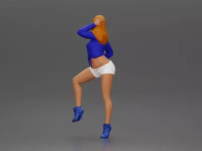 Woman in blue top and white shorts posing on a motorbike 3D print model