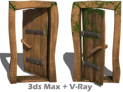 Old wooden door cartoonish ancient retro antique stylized Low-poly 3D model