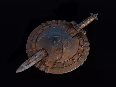 Medieval Rusty Shield with Sword Low-poly 3D model