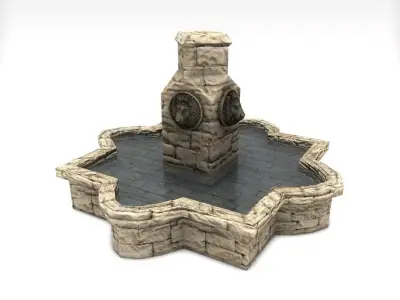 Stone fountain with lion heads Low-poly 3D model