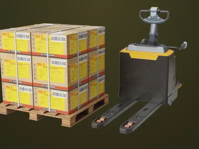 Forklift Trucks and Pallet Yellow Collection All PBR Textures 3D Model Pack