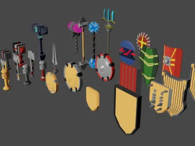 Low poly weapon and shield pack Low-poly 3D model