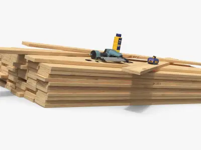 Pinewood Planks with Air Nail Gun and Chalk Reel 3D model