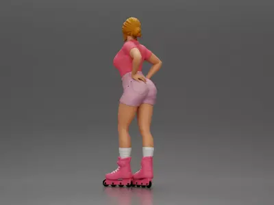 Roller skater strikes pose in pink shirt shorts and skates 3D print model