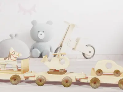 Train toys with treated wood texture 3D model
