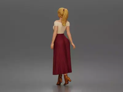 shopper strolls downtown wearing off shoulder top pleated skirt 3D print model