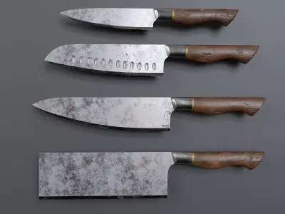 Set of old scratched kitchen knifes 3D model