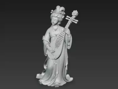 Statue antique style playing the zither Tang Dynasty court lady 3D model