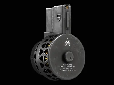 X Products X-25 50 Round Drum Skeletonized Magazine V2 cal 308 Low-poly 3D model