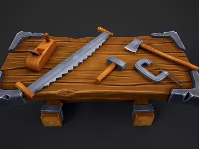 Stylized Carpentry Bench table tools Low-poly 3D model