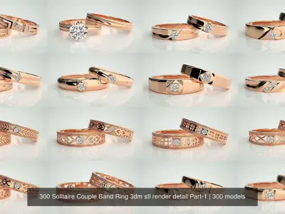 300 Solitaire Ring Couple Band Ring 3dm stl render detail Part-1 3D Model Pack