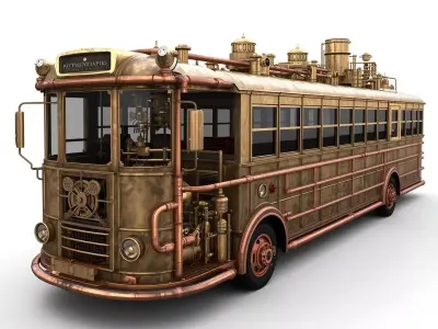 Stylized 3D Steampunk Passenger Bus Low-poly 3D model