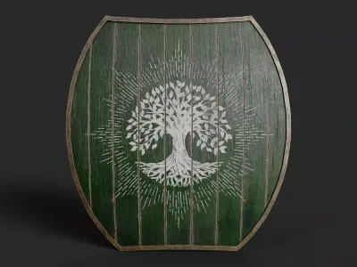 Slavic hybrid shield-painted green with trees symbol Low-poly 3D model