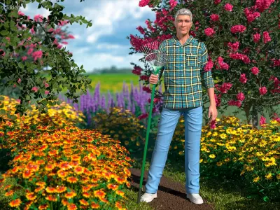 Grey-Haired Man in Plaid Shirt with Rake Rigged  purchase 3D model