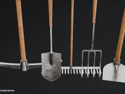 Farming Tools Pack - Fork Shovel Rake Pickaxe Hoe Low-poly 3D model