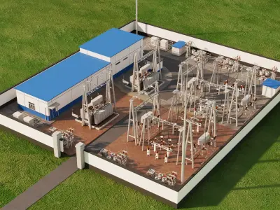 Modern Electrical Substation Transformers High Voltage 3D Model Low-poly 3D model
