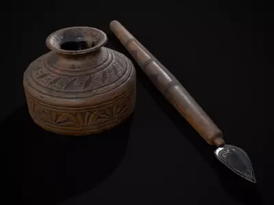 Elegant Wooden Inkpot Pen Low-poly 3D model