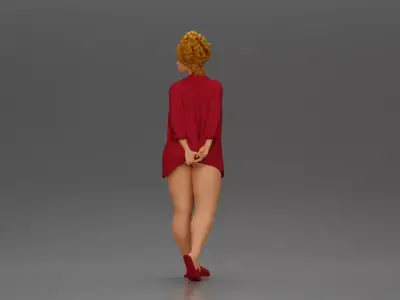 Chic woman in a red shirt and white confidently walking 3D print model