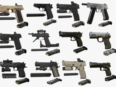 12 pistol Rigged Collection 01 All PBR Unity UE Textures 3D Model Pack