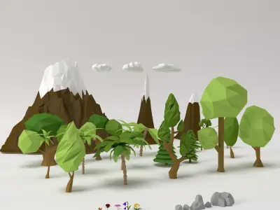 Low poly Trees Flowers Grass Rocks Clouds and Mountains 3D model