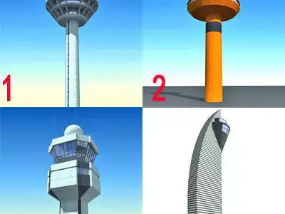 4 Airline Control Towers Low-poly 3D model