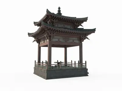 Two story pavilion with Asian ancient architectural landscape 3D model