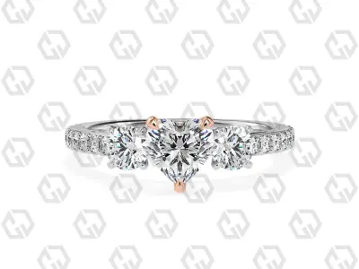 Ring 124 Heart cathedral pave set shank 3 stone ring 3D print model