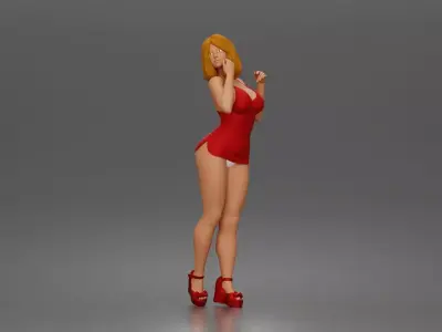 Fashion forward woman in red dress commands attention with poise 3D print model