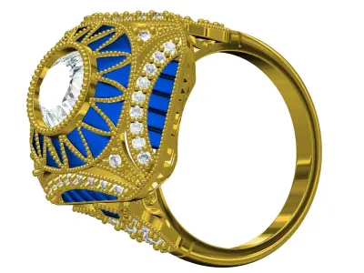 Antique Blue Sapphire Stone Art Deco Inspired Engagement Ring 3D print model