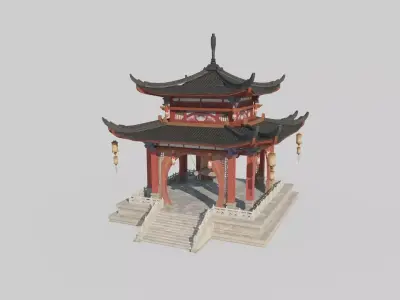 Asian ancient architecture luxury pavilion copper clock 3D model