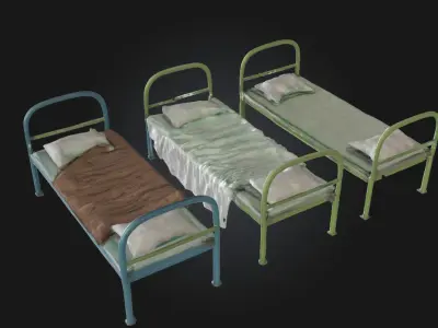 Three Metal Beds  Industrial Sleeping Setup 3D model