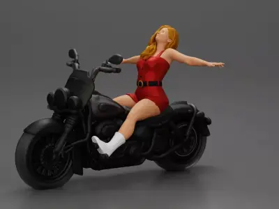 Woman in outfit stretching arms wide while sitting on motorcycle 3D print model