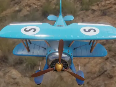 The Plane biplane flying in sky Low-poly 3D model