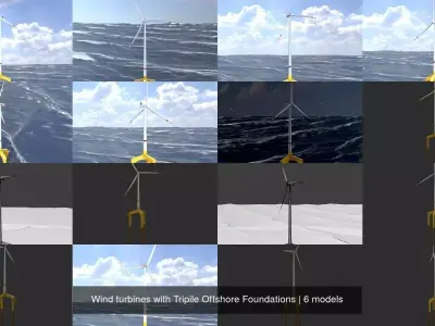 Wind turbines with Tripile Offshore Foundations 3D Model Pack