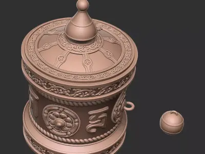 Tibetan-style prayer wheel and 3 types of ornaments 3D print model
