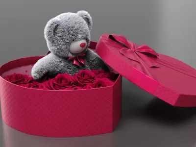  Giftware Heart Box with Plush Bear and Roses Fur 
