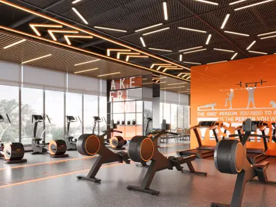 Inside the aerobic zone of an industrial-style gym 3D model