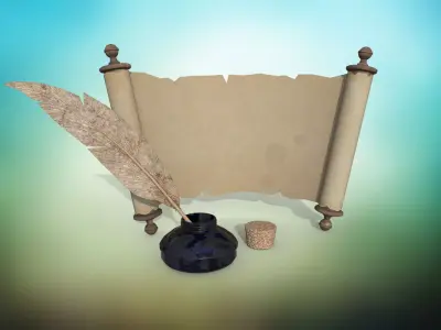 Set of papyrus scroll and inkwell with stopper and quill PBR  Low-poly 3D model
