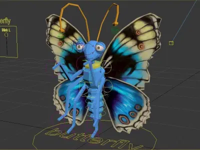 butterfly cartoon rigged character 3D model