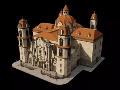 Colonial Church Twin Bell Towers Dome Orange Roof Baroque Low-poly 3D model