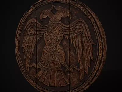 Carved Round Wooden Phoenix Shield Low-poly 3D model