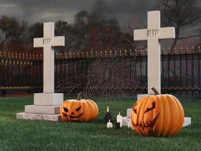  Old Cemetery with Carved Pumpkins and Candles Fur 